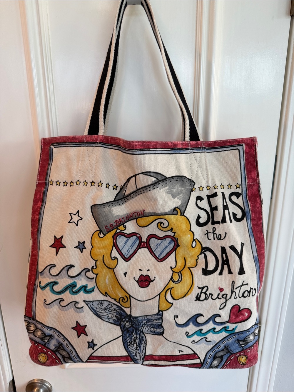 Brighton Seas the Day Canvas Tote with Red Trim and Blue Accents